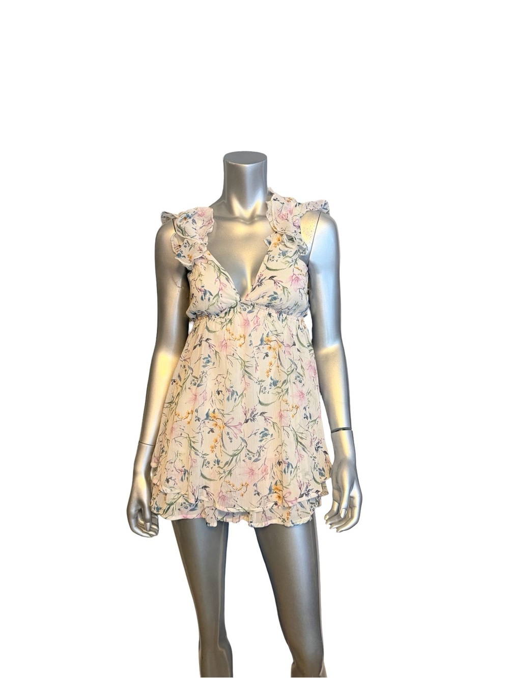 Allison and Kelly Floral Ruffled Baby Doll Romper white with Pastel Print XS